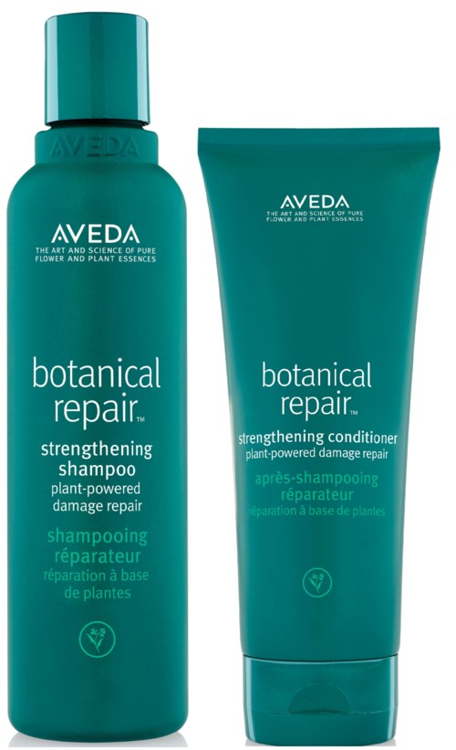 Zwei tealfarbene Haarpflegeprodukte: ein stärkendes Shampoo und Conditioner aus Avedas Botanical Repair-Linie.