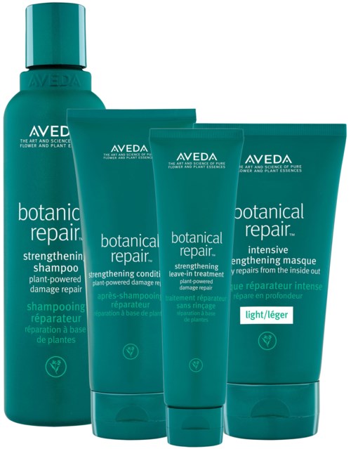 Ein Set Aveda Botanical Repair Haarpflegeprodukte mit Shampoo, Leave-in-Behandlung und Maske in passenden türkisfarbenen Behältern.
