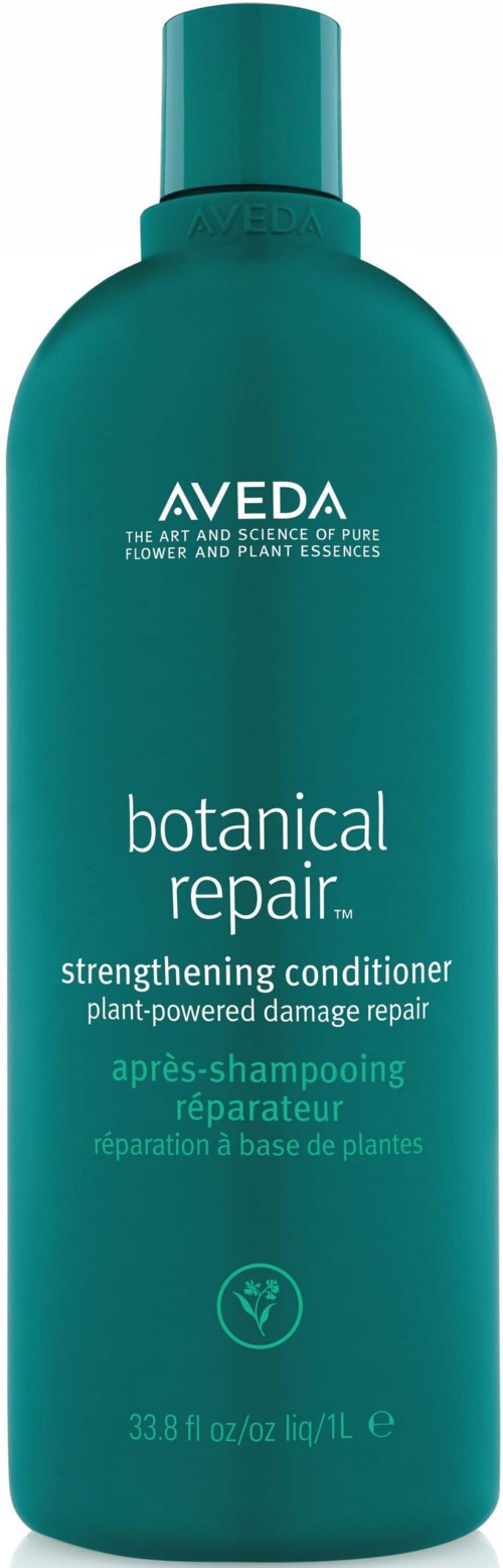 Eine große türkisfarbene Flasche mit Aveda Botanical Repair pflegespülung für geschädigtes Haar. Text beschreibt Zweck und Größe.