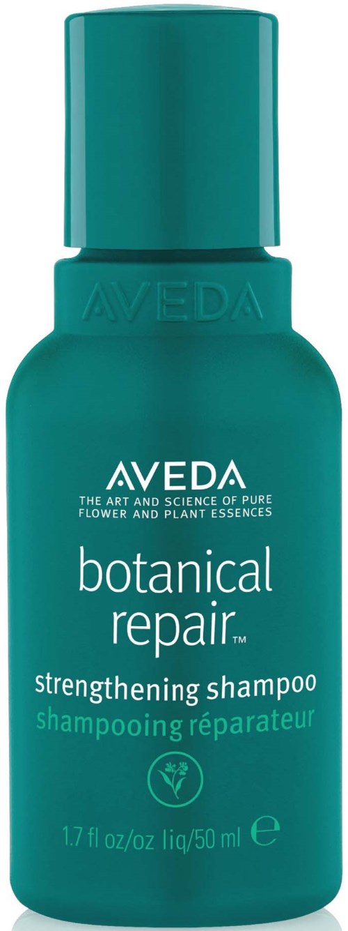 Eine türkisfarbene Flasche mit Aveda botanical repair stärkendes Shampoo, weiße Schrift, grünes Logo.