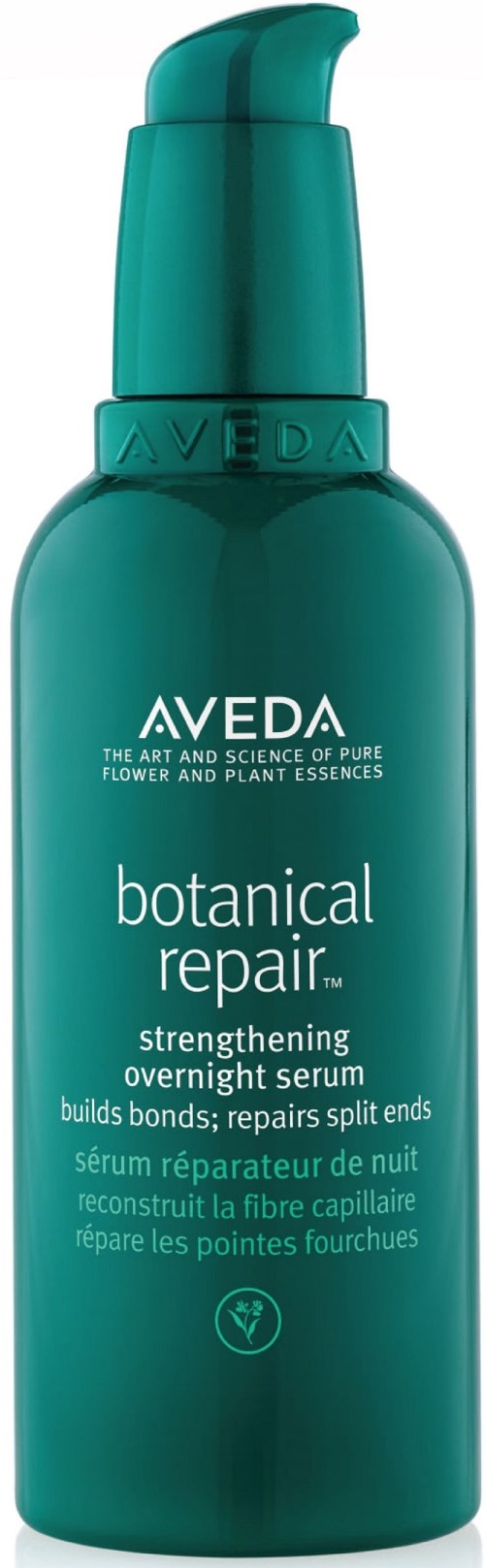 Eine türkisfarbene Flasche mit Pumpkopf, beschriftet Veda botanical repair stärkendes Serum für Haare.