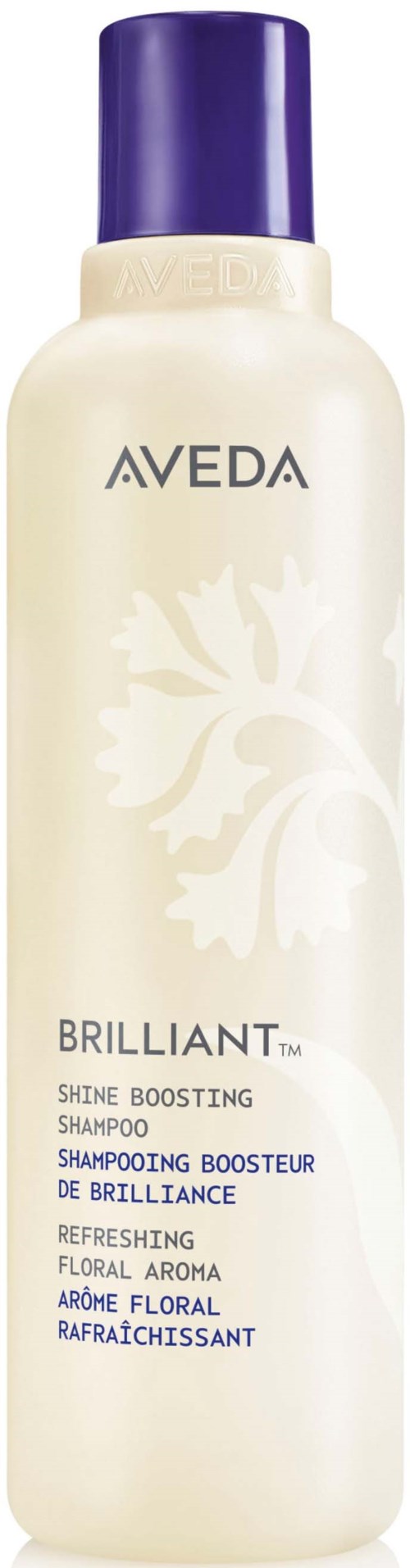En hvit flaske med Aveda Brilliant-glansgivende sjampo med mørk lilla hette og lett floral design.