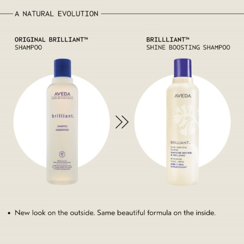 Sammenligning av to Aveda-shampooflasker, Original Brilliant og Brilliant Shine Boosting, som viser ulike emballasjer og etiketter.
