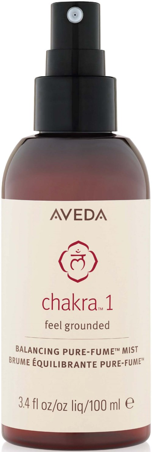 Eine Flasche mit Aveda chakra 1 Ausgleichsvorfüllungsspray, für Erdung und Balance.