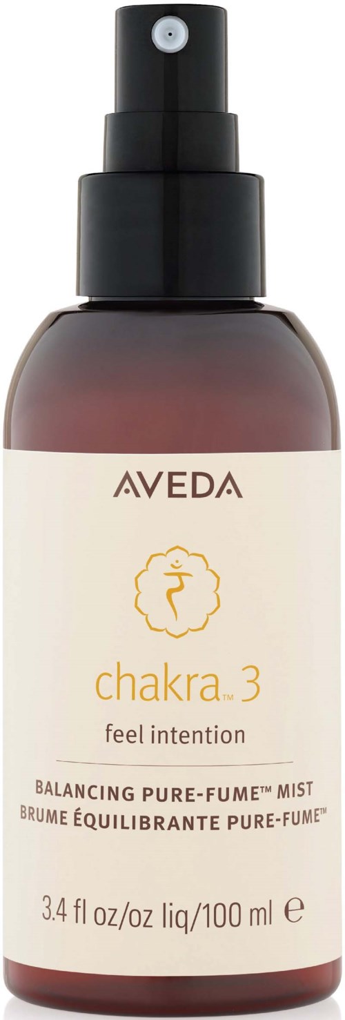 Aveda Chakra 3 Sprayflasche mit Zerstäuber, Etikett mit Produktname, Größe und Zweck für Balance.