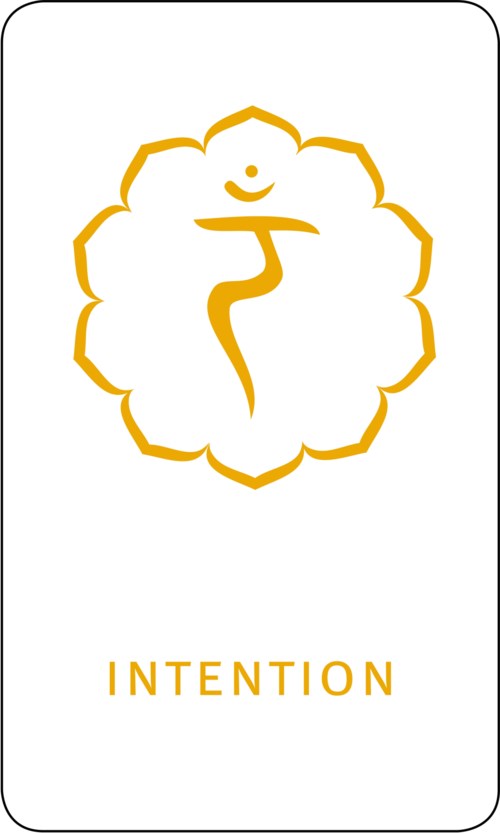 Eine gelbe stilisierte Blume mit einem geschwungenen Weg und einem kleinen Lächeln, beschriftet INTENTION.