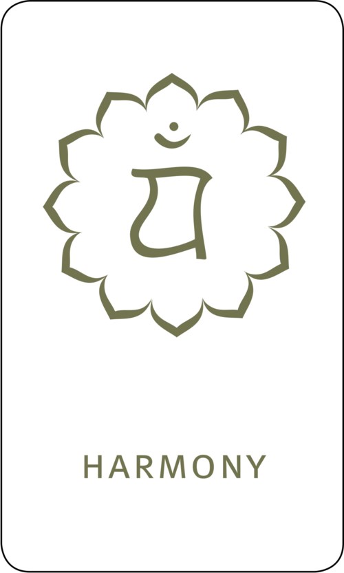 Ein Logo mit einer Blumenform, einem lachenden Gesicht und einer großen Zunge, mit dem Wort HARMONY darunter.
