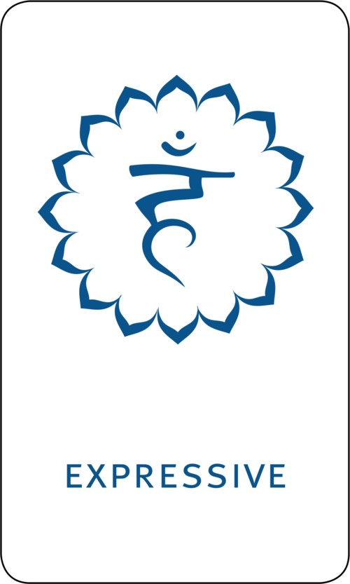 Ein blauer spiritueller Symbol in einer Blumenform mit dem Wort EXPRESSIVE darunter.