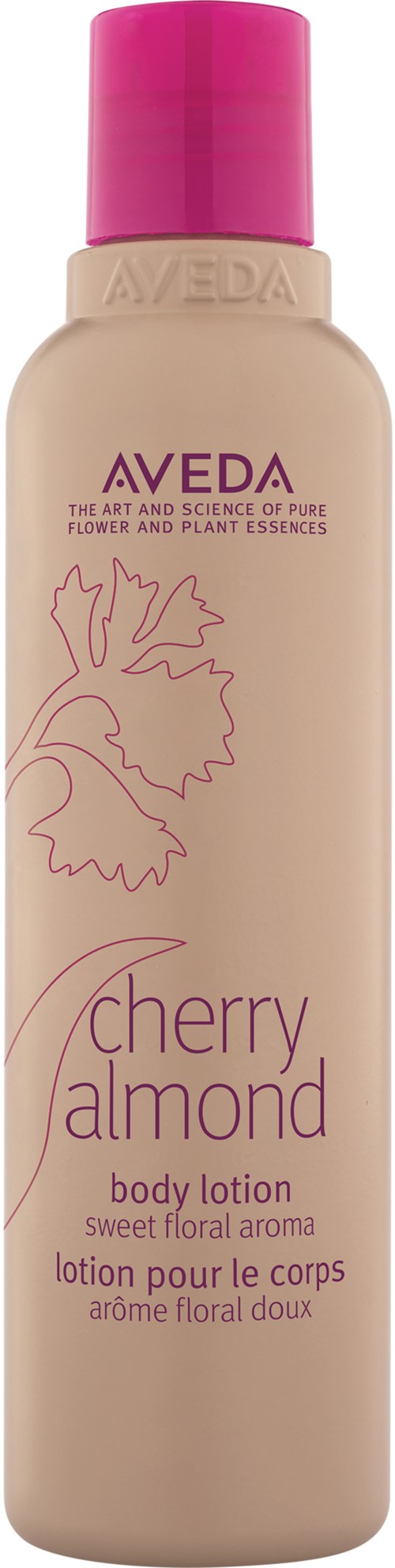 Eine beige Flasche mit rosa Deckel, beschriftet 'Cherry Almond body lotion' mit Blumenzeichnung und Duftbeschreibung.