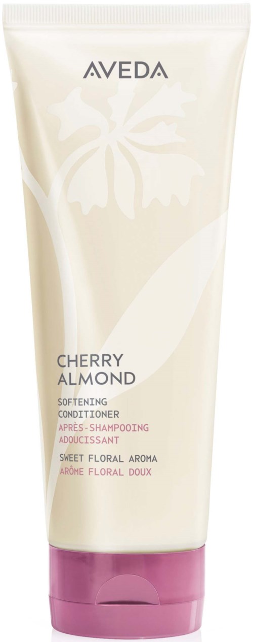 Aveda Cherry Almond beruhigender Conditioner in einer weißen und lila Tube mit Baumlogo.