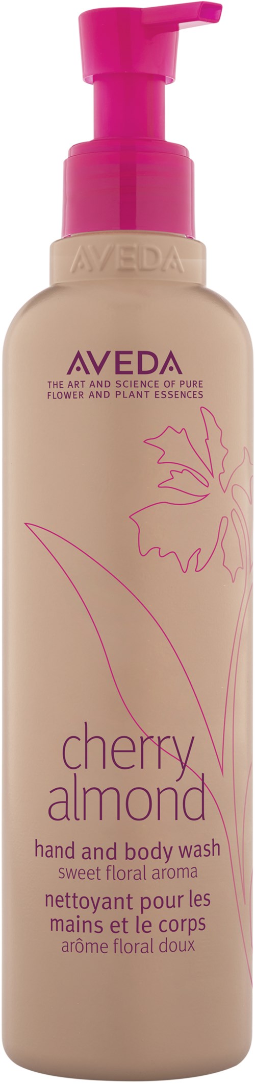 Aveda Cherry Almond Hand- und Körperwaschflasche mit rosa Pumpe, beschriftet mit Duft- und Produktdetails.