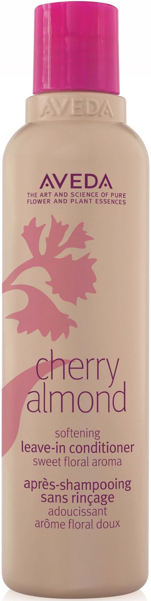 Eine Flasche Aveda cherry almond leave-in conditioner mit rosa Kappe und Blütendesign.