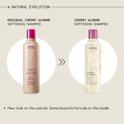 Zwei Flaschen mit Kirsche Mandel weichmachendes Shampoo vergleichen altes und neues Aussehen, mit gleicher Formel im Inneren.
