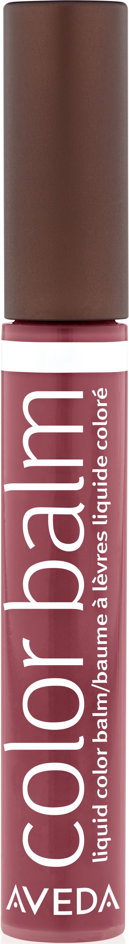 Een lippenstift met een bruin dopje en roze lichaam, met 'AVEDA' en 'color balm' op een zwarte achtergrond.