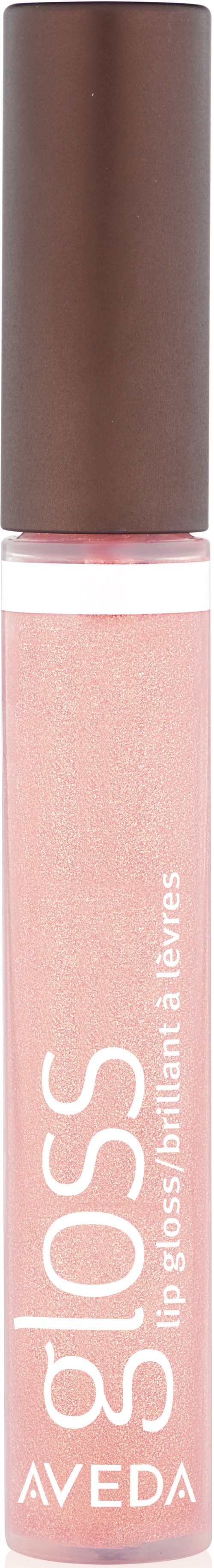 A lip gloss tube with a brown cap and pink glittery lip gloss inside. The label says "gloss" and "AVEDA."