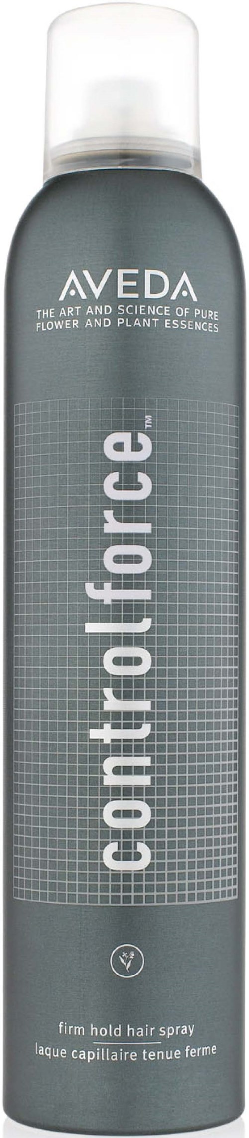 Aerosoldose mit Aveda Control Force Haarspray, grau-weißes Etikett.