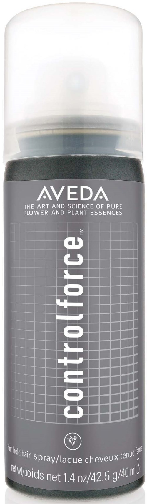 Sprayflaska med etiketten 'Control Force' av AVEDA, används för att kontrollera håret.