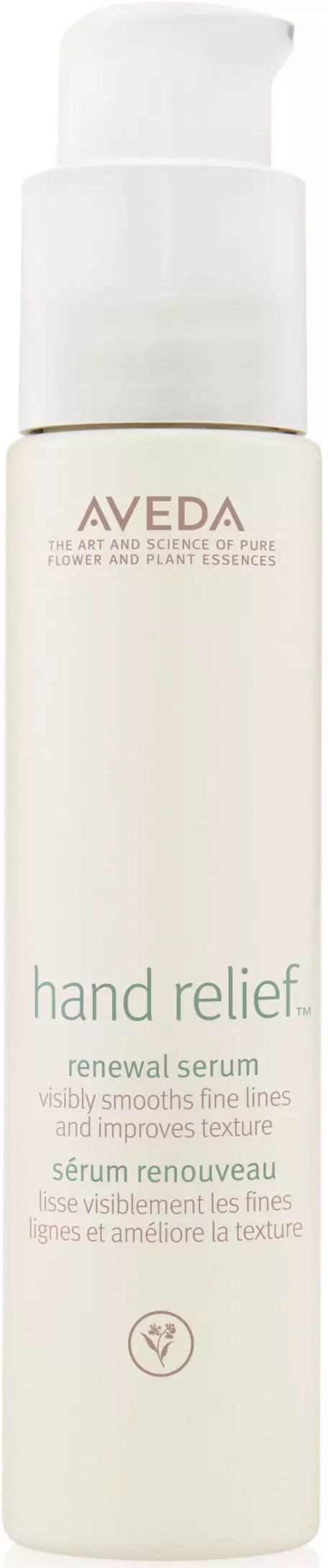 Valkoinen pumppupullo, Aveda Hand Relief Renewal Serum, tehostaa ihoa ja tekee siitä sileämmän.