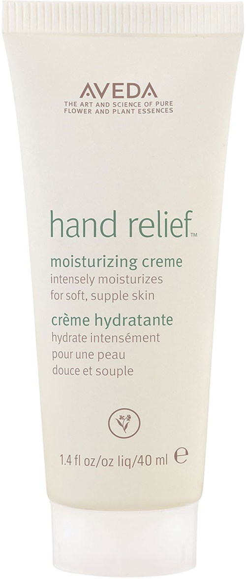A white tube of Aveda hand relief moisturizing cream with green and brown text, and a small illustration.