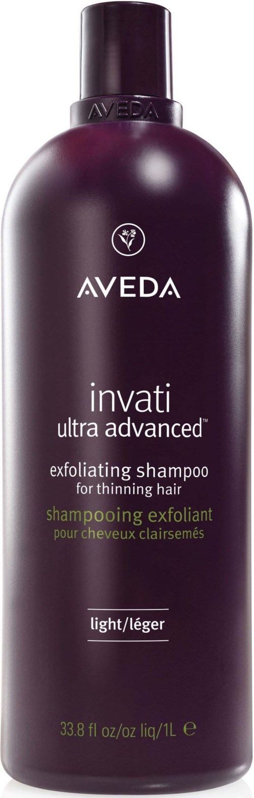 Eine dunkelviolette Flasche von Invati exfolierende Shampoo für dünneres Haar von Aveda, mit Produktdetails und Kapazität.