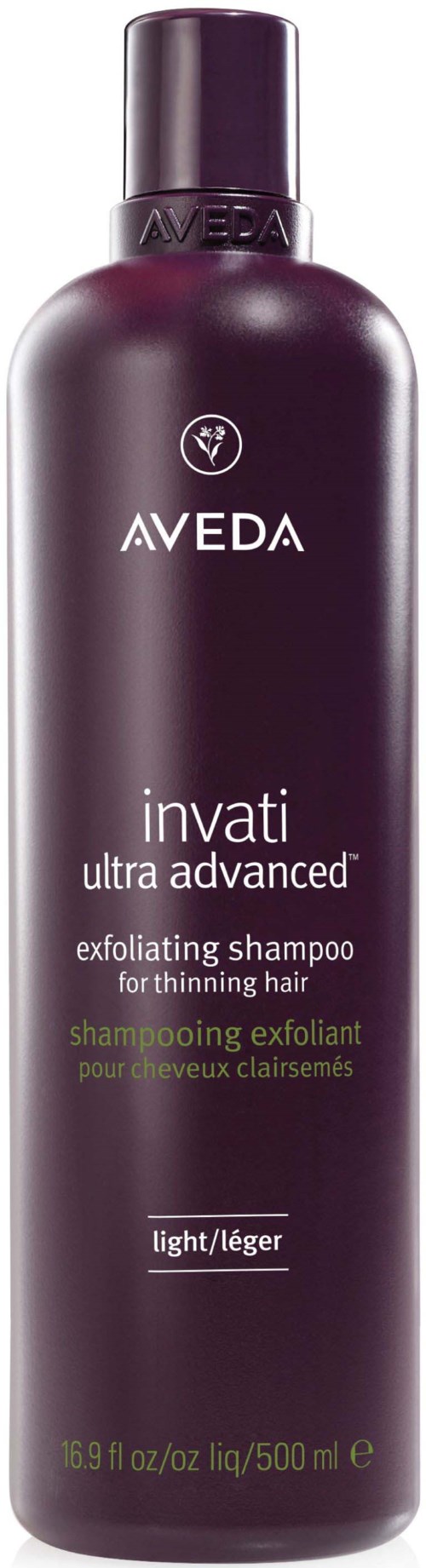AVA Invati Exfoliating Shampoo-flaska, lila, med vit och grön text, för tunnare hår, 500 ml storlek.