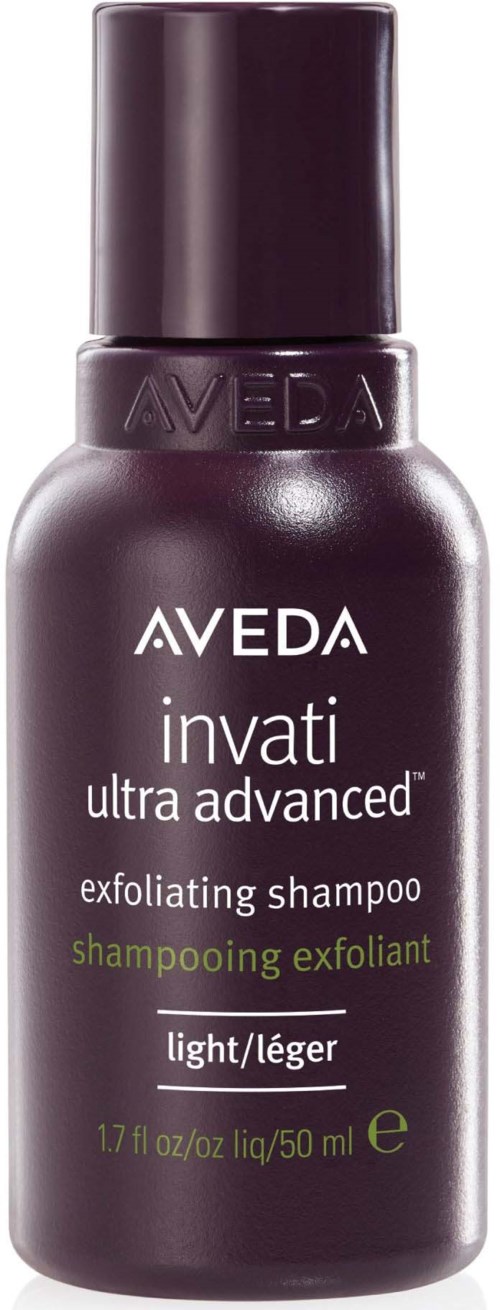 Dunkelviolette Flasche von Aveda Invati ultra advanced exfoliating shampoo, gekennzeichnet als light/léger und 50 ml.