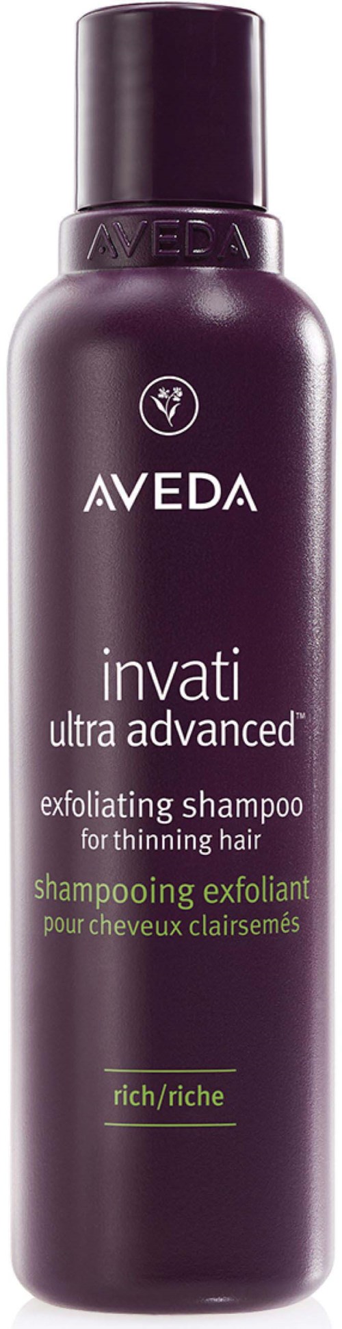 Aveda Invati Shampoo-Flasche, dunkelviolett, mit weißen und grünen Text, für dünnes Haar.