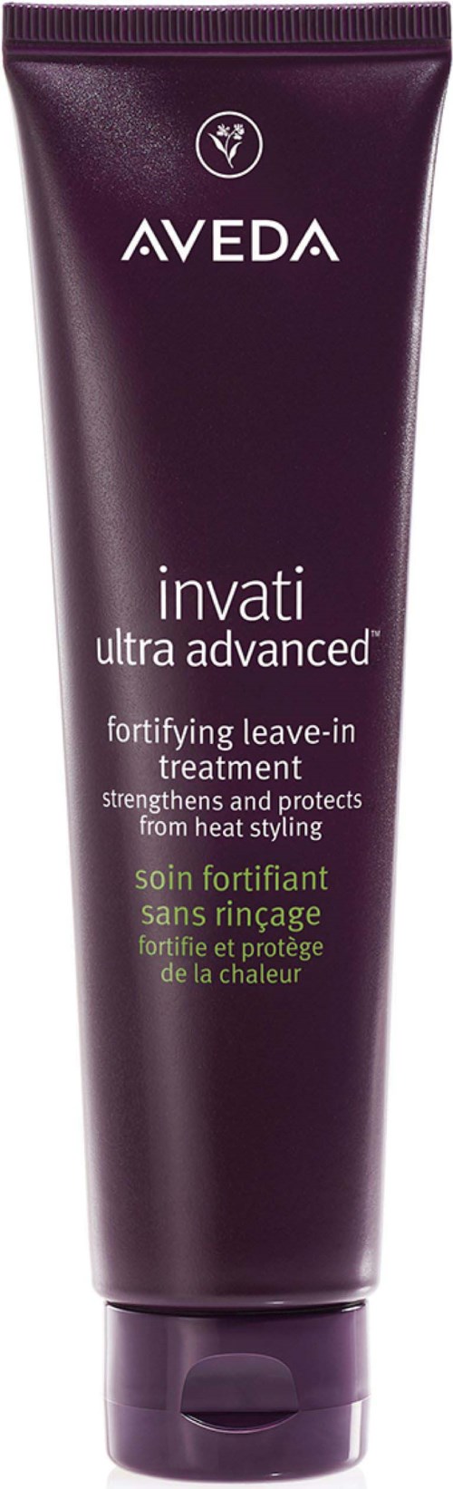 Aloe Vera Blatt-Icon oben, lila Tube mit weißen und grünen Text über Haarpflegeprodukt.