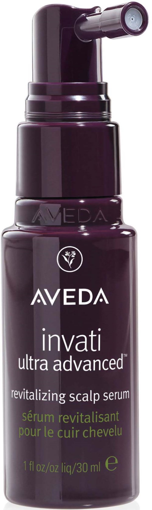 Eine dunkle Flasche mit Pumpaufsatz, gekennzeichnet mit Aveda Invati Ultra Advanced revitalisierende Kopfhautserum.