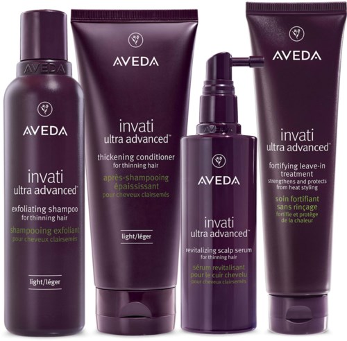 Vier Pflegeprodukte von Aveda Invati Ultra Advanced für dünneres Haar, inklusive Shampoo, Conditioner, Kopfhautserum und Leave-in-Behandlung.