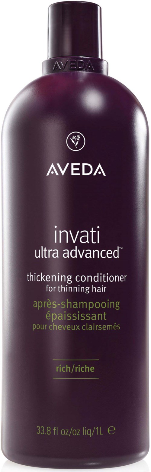 Eine Flasche Aveda Invati Verdickungsconditioner für dünnes Haar, in Lila mit weißen und gelben Text.