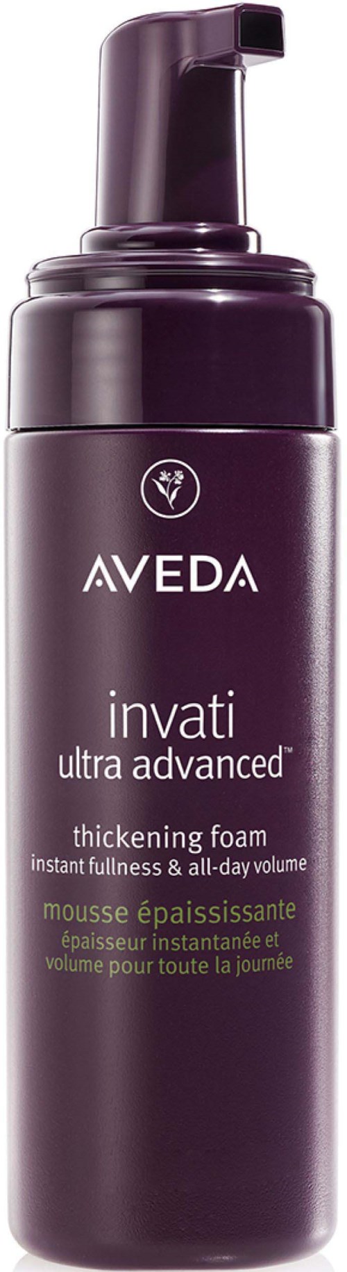 Eine lila Flasche von Aveda Invati Verdickungschaum mit Pumpbehälter.