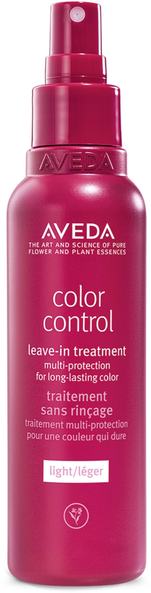 Pinke Sprühflasche für Haarkleidungs- und Farbschutz, mit 'Aveda color control'-Label und 'light'-Anzeige.
