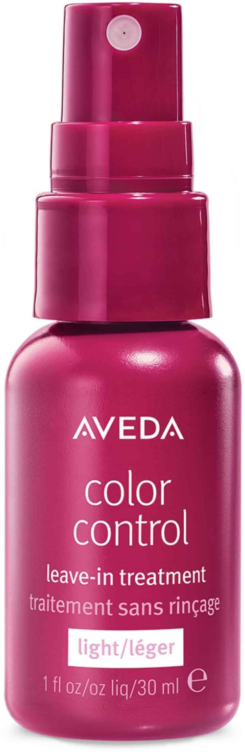 Eine rosa Sprühflasche mit der Aufschrift 'AVEDA color control leave-in treatment light' für Haare.