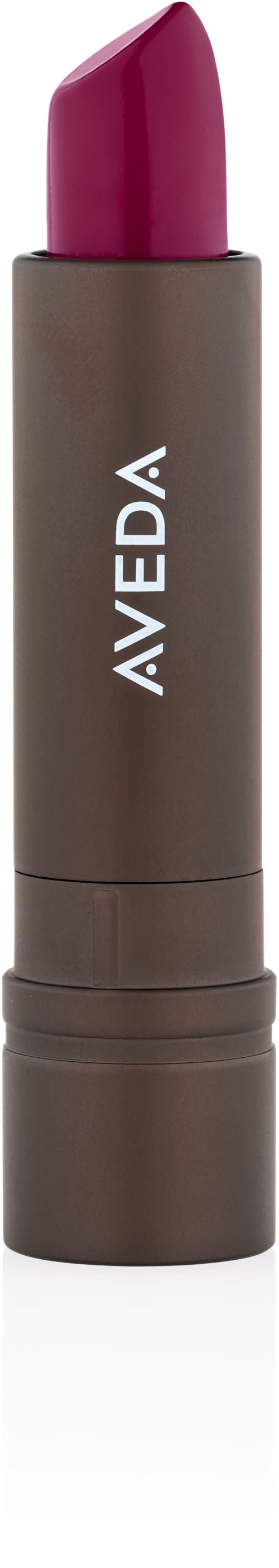 Ett läppstift i ett brunt rör med ordet 'AVEDA' på. Läppstiftet är rosa-rött.