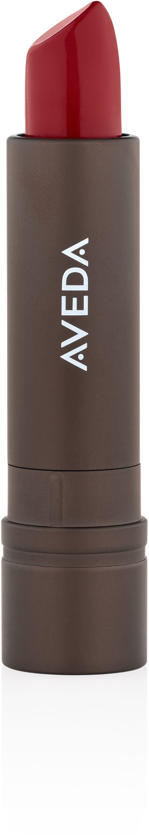 Punainen huul lipstick harjussa, jossa on harmaa tubi ja AVEDA-merkki.