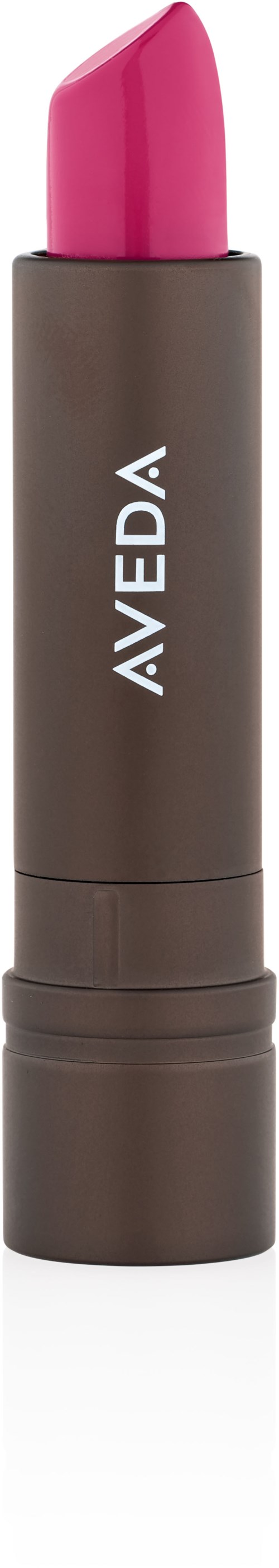 Ett rosa läppstift i ett brunt skal med vitt märkesnamn "AVEDA".