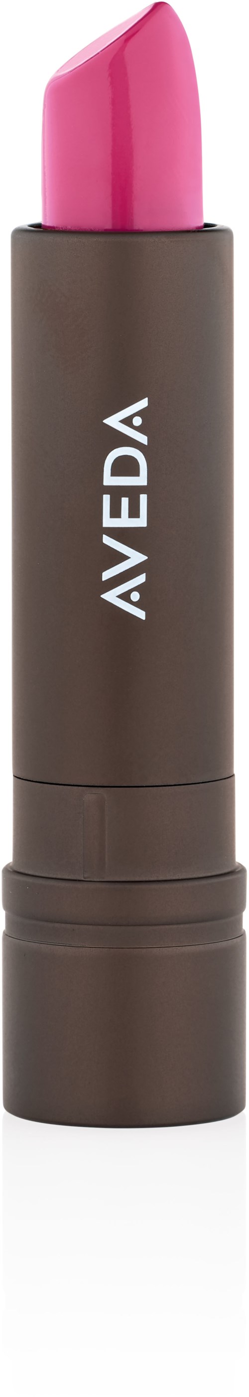 Ett läppstift i grå tub med rosa färg som syns. Varumärket AVEDA står på den.