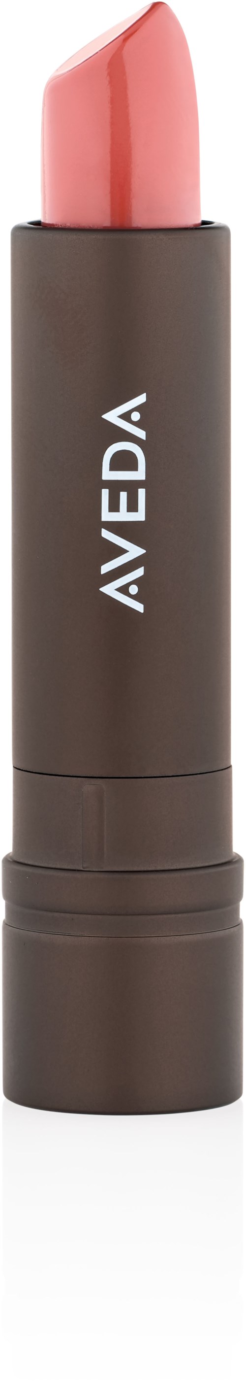 Een roze lippenstift in een zwart buisje met de merknaam 'AVEDA' geschreven.