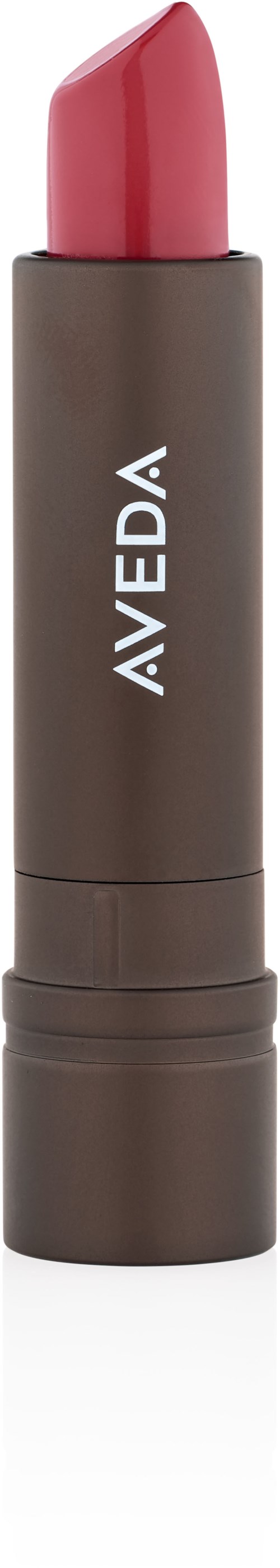 Läppstift med rosa nyans i ett brunt fodral med varumärket AVEDA.