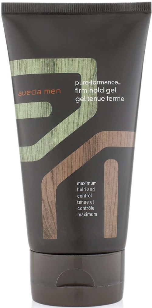 Eine Tube Männergel mit braunem und grünem geometrischem Design und Text über festen Halt und maximale Kontrolle.