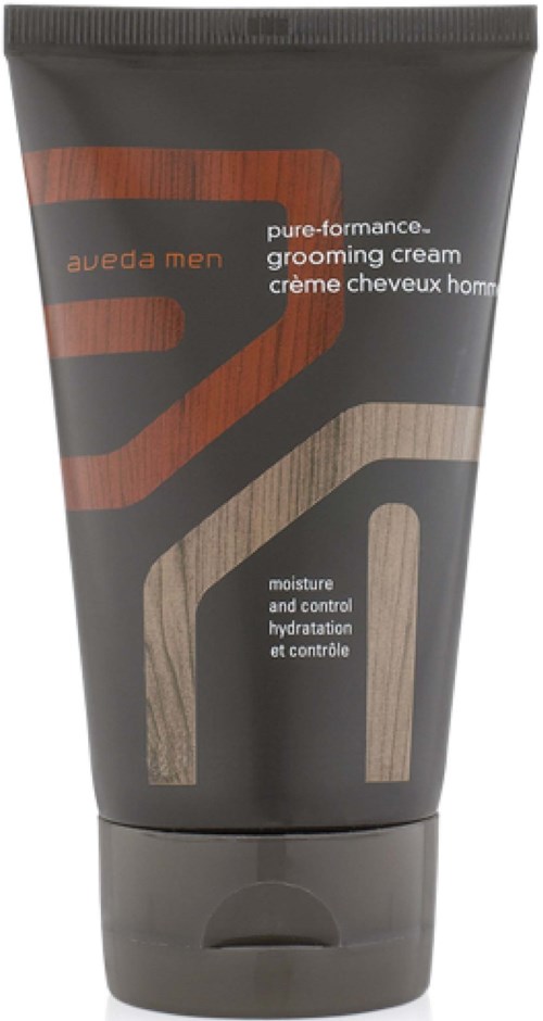 Eine schwarze Tube mit braunen und beigen Designelementen und weißem Text, gekennzeichnet als Männer-Grooming-Cream für Feuchtigkeit und Kontrolle.