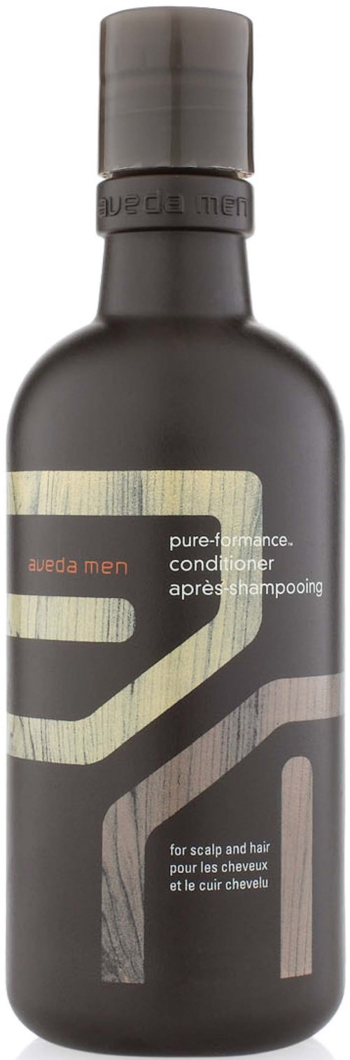 Schwarze Flasche mit Silber- und Weißtext und Designs, als Conditioner für Kopfhaut und Haar gekennzeichnet.