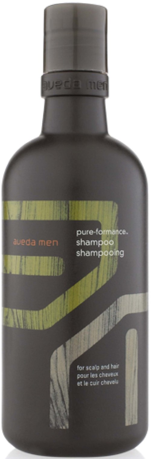 Eine schwarze Shampoo-Flasche mit grünen und grauen Designs, bezeichnet für Kopfhaut und Haare. Es heißt Aveda Men.