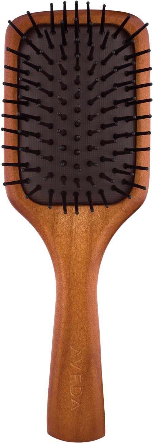 Eine Holzbürste mit schwarzen Borsten und einem gepolsterten schwarzen Kissen. Sie hat einen Griff und ist oval.