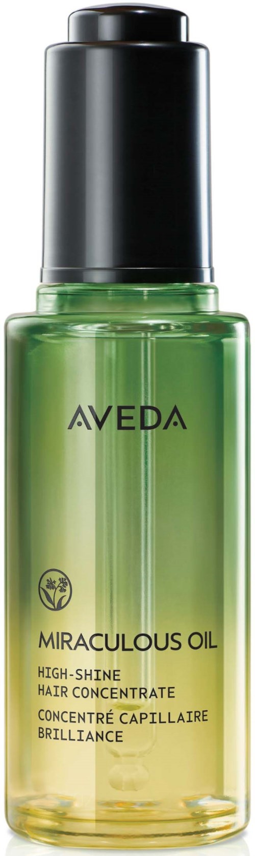Grüne Flasche mit schwarzem Pumpaufsatz, genannt Aveda Miraculous Oil, für glänzendes Haar. Enthält Haarpflegeprodukt in klarem Behälter.