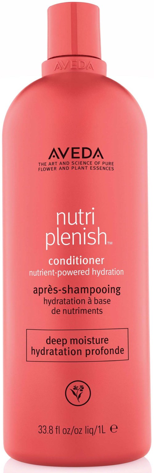 Eine rosa Flasche AVEDA Nutri Plenish Conditioner mit Klappdeckel. Bietet tiefe Feuchtigkeit für die Haarhydratation.