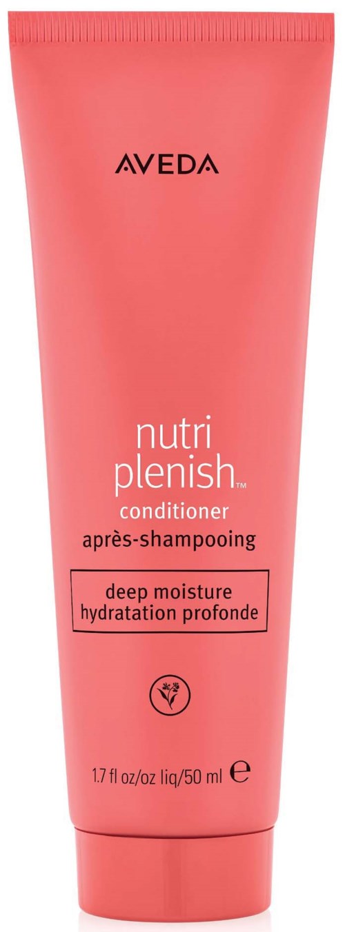Eine rosa Tube Aveda Nutri Plenish Conditioner, 50 ml, für tiefe Feuchtigkeitsversorgung.