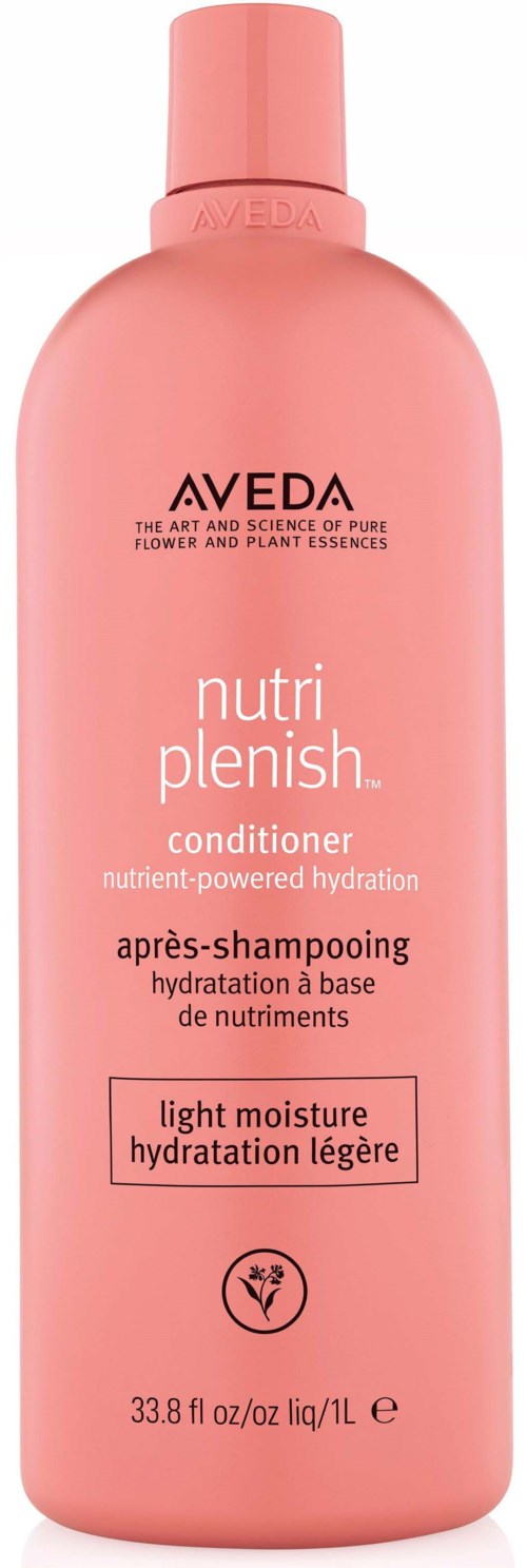 Hellrosa Flasche mit Aveda Nutri Plenish Conditioner für leichte Feuchtigkeit. Enthält pflanzliche Inhaltsstoffe.