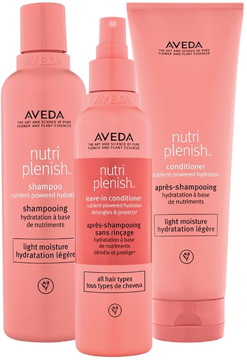 Satz mit drei rosa Haarpflegeprodukten: Shampoo, Leave-in-Conditioner und Conditioner, für alle Haartypen.